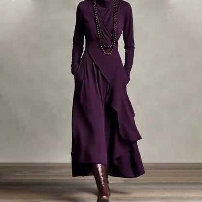 Robe longue asymétrique drapée à col haut élégante pour femme