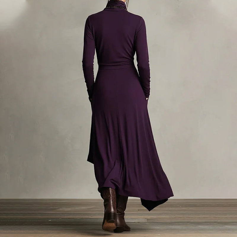 Robe longue asymétrique drapée à col haut élégante pour femme