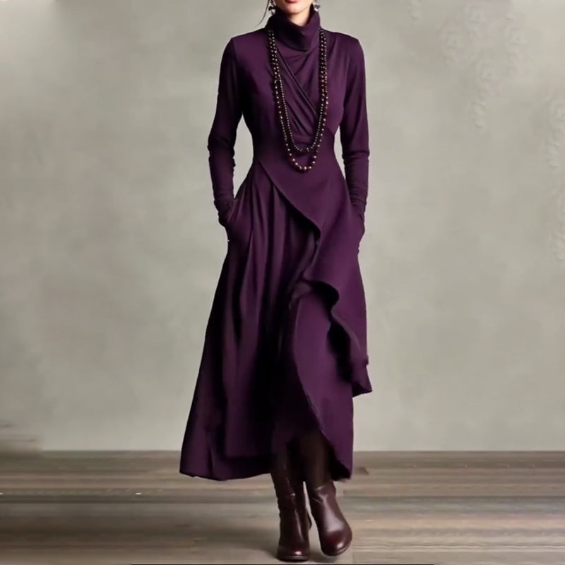 Robe longue asymétrique drapée à col haut élégante pour femme