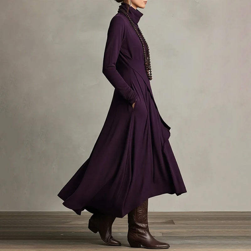 Robe longue asymétrique drapée à col haut élégante pour femme