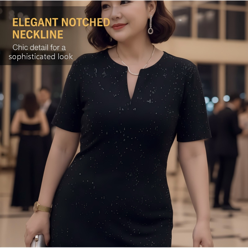🧡Nouveauté🔥Robe classique noire à manches courtes et col en V scintillante