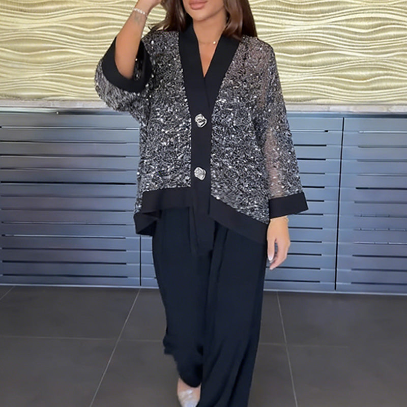 Ensemble 2 pièces pour femme comprenant un cardigan à col en V et à paillettes et un pantalon à jambes larges