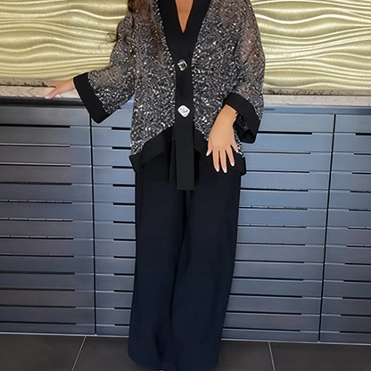 Ensemble 2 pièces pour femme comprenant un cardigan à col en V et à paillettes et un pantalon à jambes larges