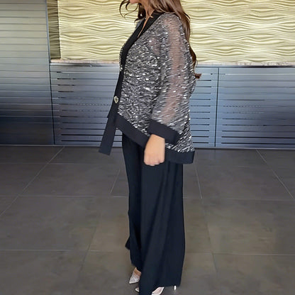 Ensemble 2 pièces pour femme comprenant un cardigan à col en V et à paillettes et un pantalon à jambes larges