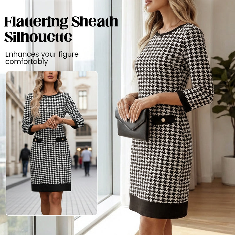 🏆 Soldes exceptionnels - 49 % de réduction ✨ Robe midi moulante à col rond et motif pied-de-poule pour femme