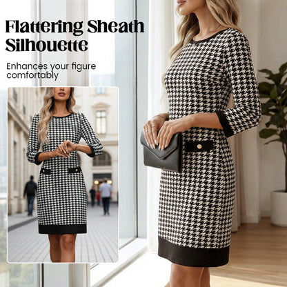 🏆 Soldes exceptionnels - 49 % de réduction ✨ Robe midi moulante à col rond et motif pied-de-poule pour femme