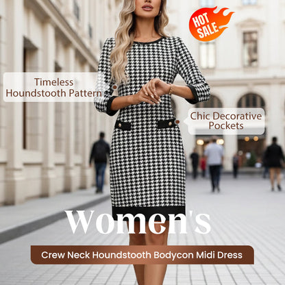 🏆 Soldes exceptionnels - 49 % de réduction ✨ Robe midi moulante à col rond et motif pied-de-poule pour femme