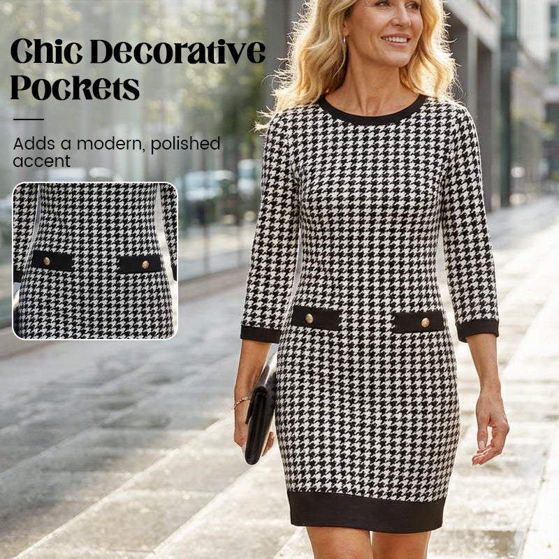 🏆 Soldes exceptionnels - 49 % de réduction ✨ Robe midi moulante à col rond et motif pied-de-poule pour femme