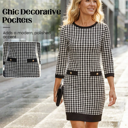 🏆 Soldes exceptionnels - 49 % de réduction ✨ Robe midi moulante à col rond et motif pied-de-poule pour femme