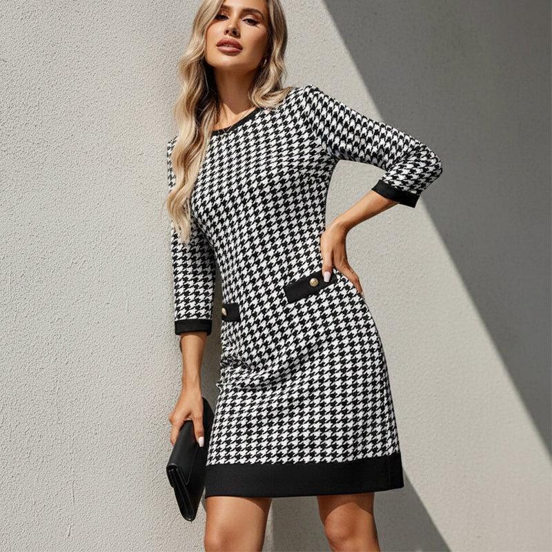 🏆 Soldes exceptionnels - 49 % de réduction ✨ Robe midi moulante à col rond et motif pied-de-poule pour femme
