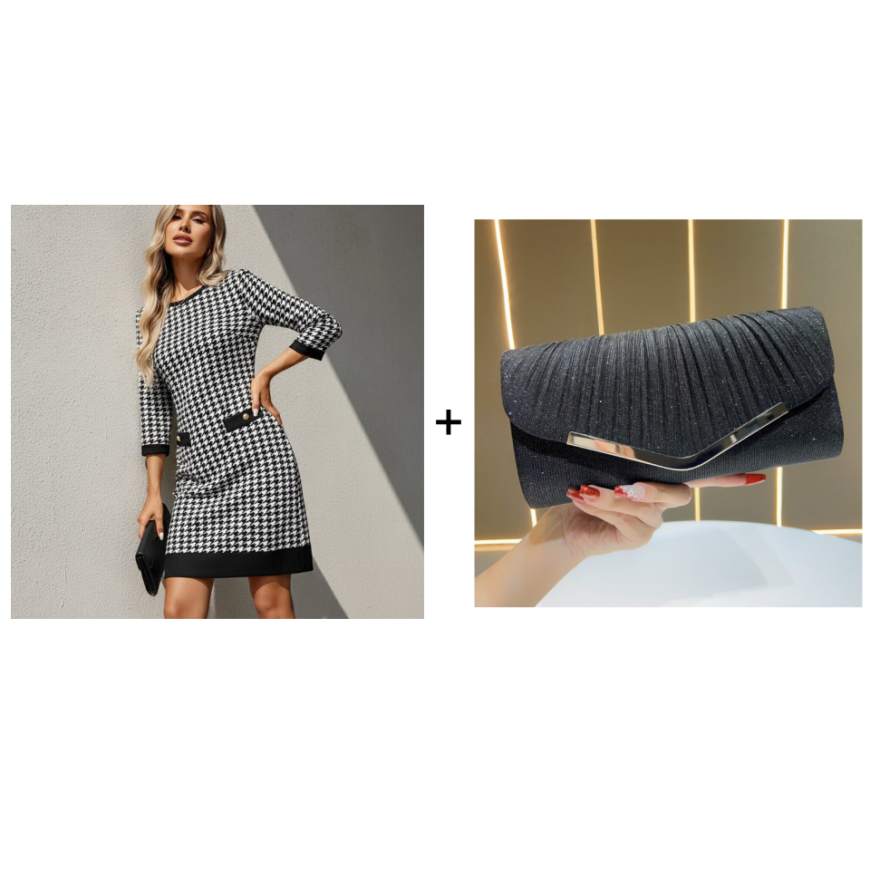 🏆 Soldes exceptionnels - 49 % de réduction ✨ Robe midi moulante à col rond et motif pied-de-poule pour femme