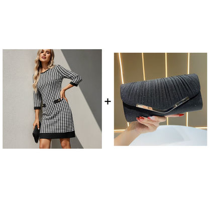 🏆 Soldes exceptionnels - 49 % de réduction ✨ Robe midi moulante à col rond et motif pied-de-poule pour femme