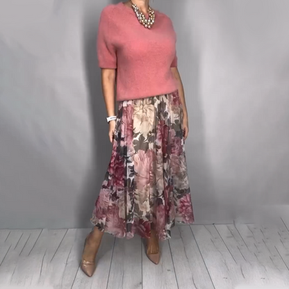 Ensemble 2 pièces élégant composé d'un haut en maille à fleurs et d'une jupe midi🔥Achetez 2 livraison gratuite