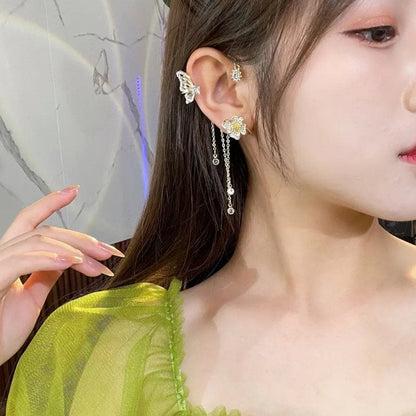 💘 Offre Saint-Valentin : -50 %💐🦋Boucles d’oreilles à clip papillon et fleurs avec franges – Design élégant et minimaliste, sans perçage