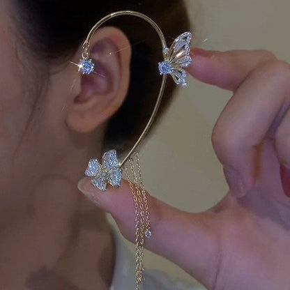💘 Offre Saint-Valentin : -50 %💐🦋Boucles d’oreilles à clip papillon et fleurs avec franges – Design élégant et minimaliste, sans perçage