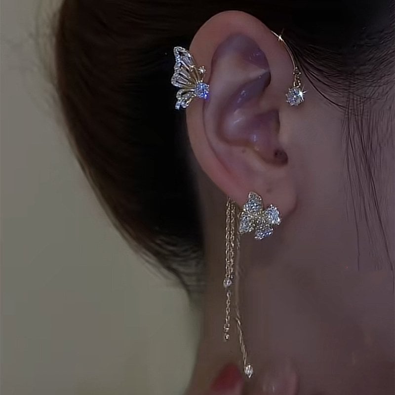 💘 Offre Saint-Valentin : -50 %💐🦋Boucles d’oreilles à clip papillon et fleurs avec franges – Design élégant et minimaliste, sans perçage