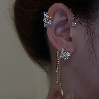 💘 Offre Saint-Valentin : -50 %💐🦋Boucles d’oreilles à clip papillon et fleurs avec franges – Design élégant et minimaliste, sans perçage