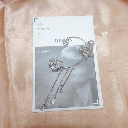 💘 Offre Saint-Valentin : -50 %💐🦋Boucles d’oreilles à clip papillon et fleurs avec franges – Design élégant et minimaliste, sans perçage