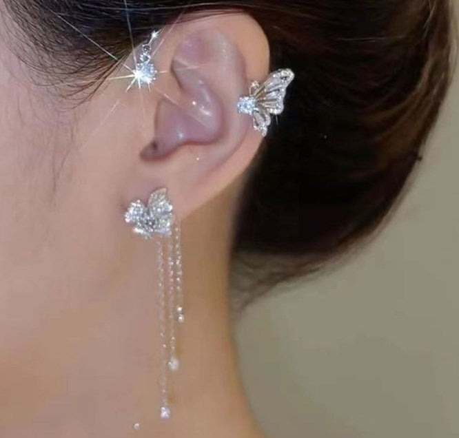 💘 Offre Saint-Valentin : -50 %💐🦋Boucles d’oreilles à clip papillon et fleurs avec franges – Design élégant et minimaliste, sans perçage