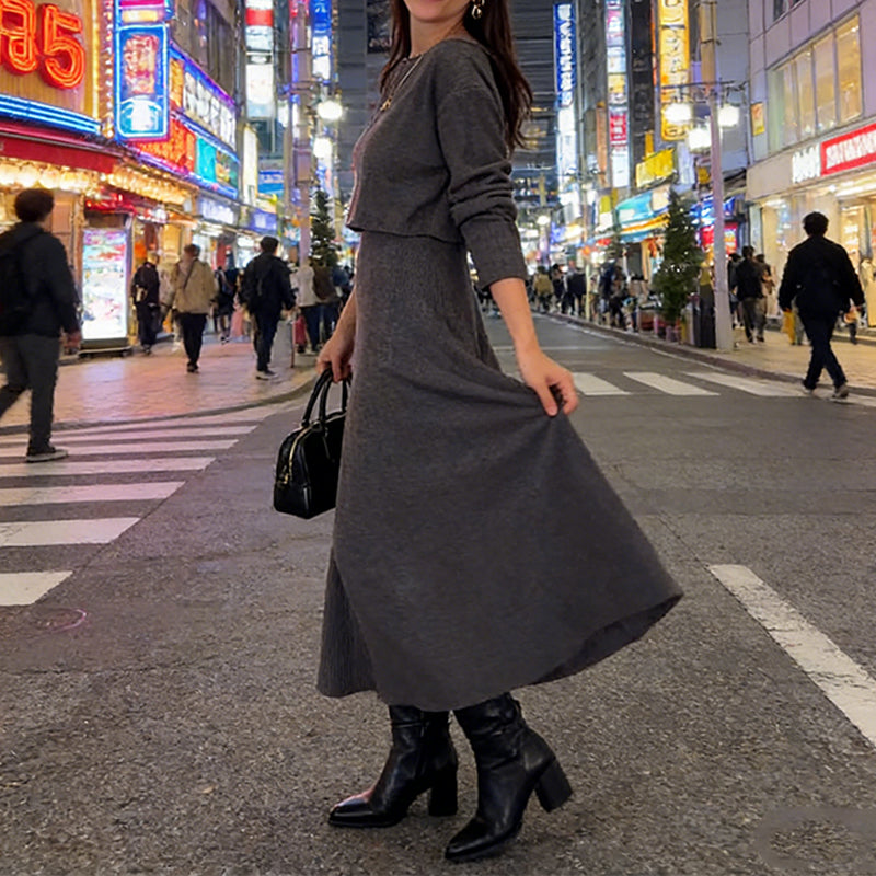 Ensemble 2 pièces composé d'un haut court côtelé et d'une robe pour femme🔥Livraison gratuite🔥