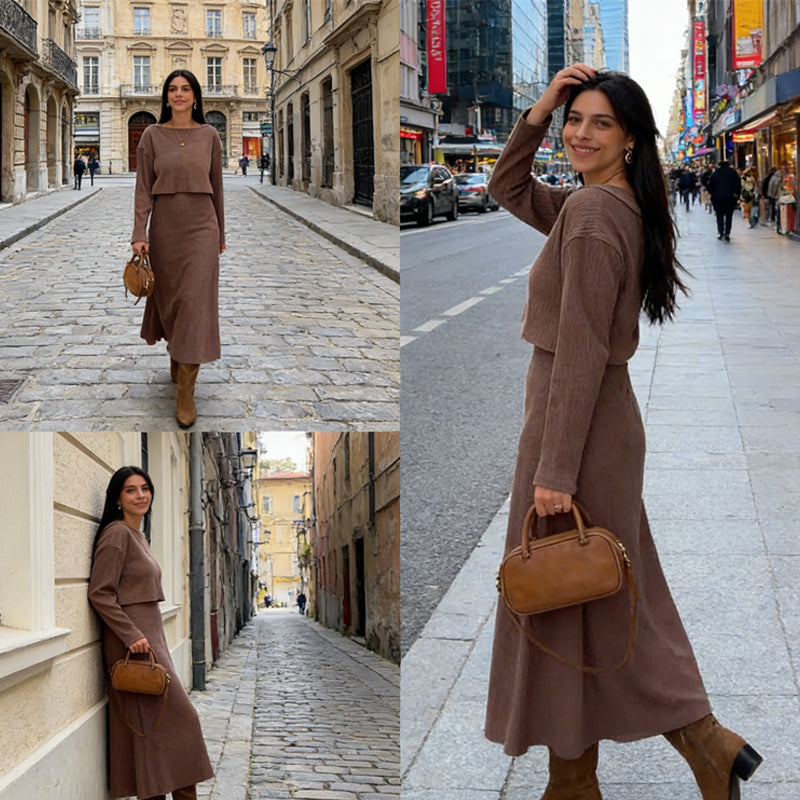 Ensemble 2 pièces composé d'un haut court côtelé et d'une robe pour femme🔥Livraison gratuite🔥