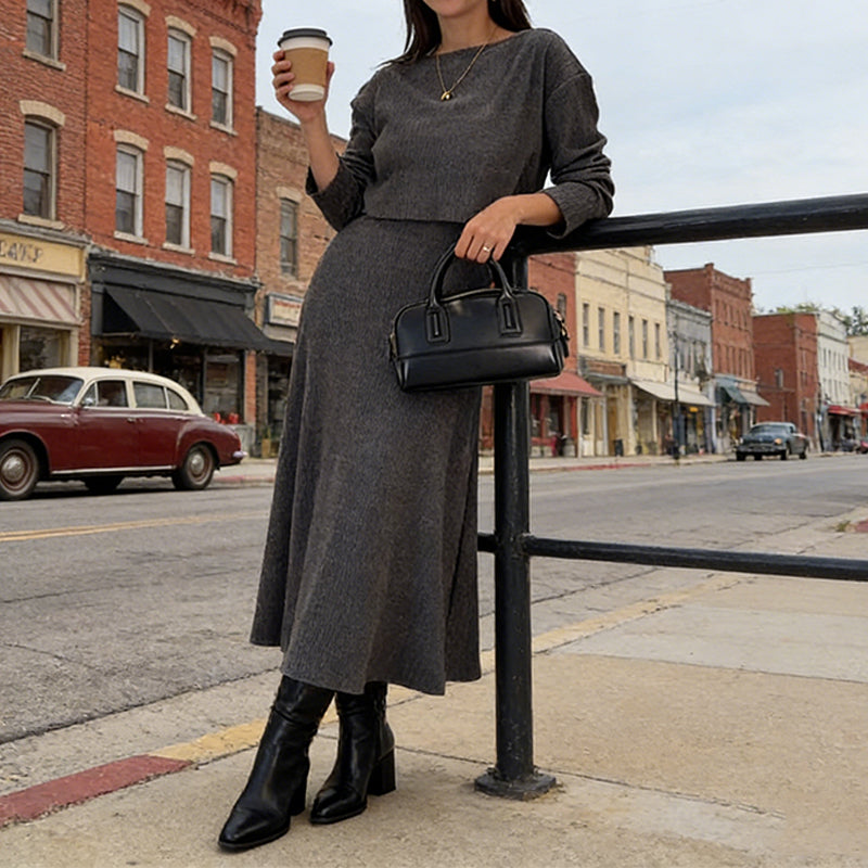 Ensemble 2 pièces composé d'un haut court côtelé et d'une robe pour femme🔥Livraison gratuite🔥