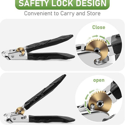 Coupe-ongles professionnel en acier inoxydable pour ongles épais, large ouverture, verrouillage de sécurité, sans éclaboussures, pour les doigts fins et élégants.