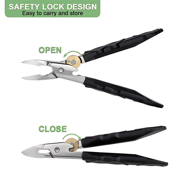 Coupe-ongles professionnel en acier inoxydable pour ongles épais, large ouverture, verrouillage de sécurité, sans éclaboussures, pour les doigts fins et élégants.