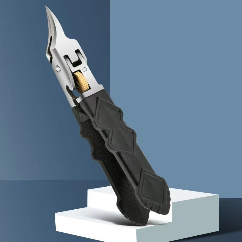 Coupe-ongles professionnel en acier inoxydable pour ongles épais, large ouverture, verrouillage de sécurité, sans éclaboussures, pour les doigts fins et élégants.