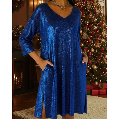 Robe à paillettes scintillantes à col en V pour femme