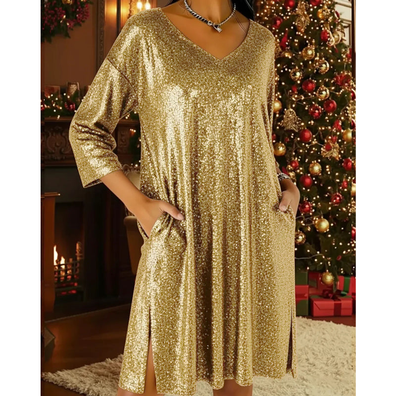Robe à paillettes scintillantes à col en V pour femme
