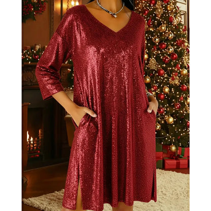 Robe à paillettes scintillantes à col en V pour femme
