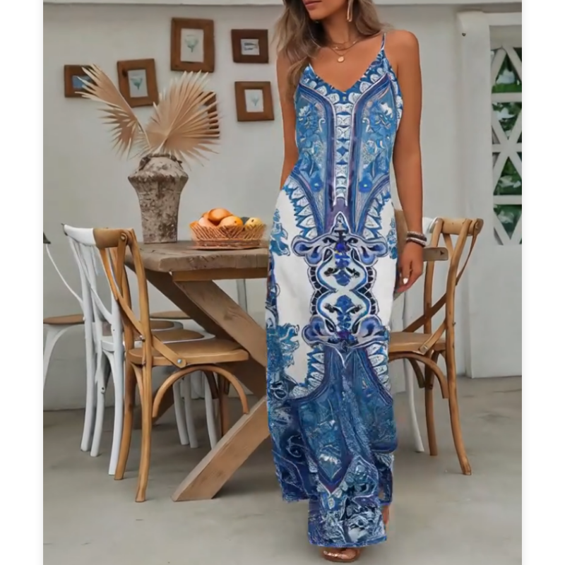 🎁Robe longue sans manches à col en V et imprimé rétro pour femme🎁Achetez 2 livraison gratuite