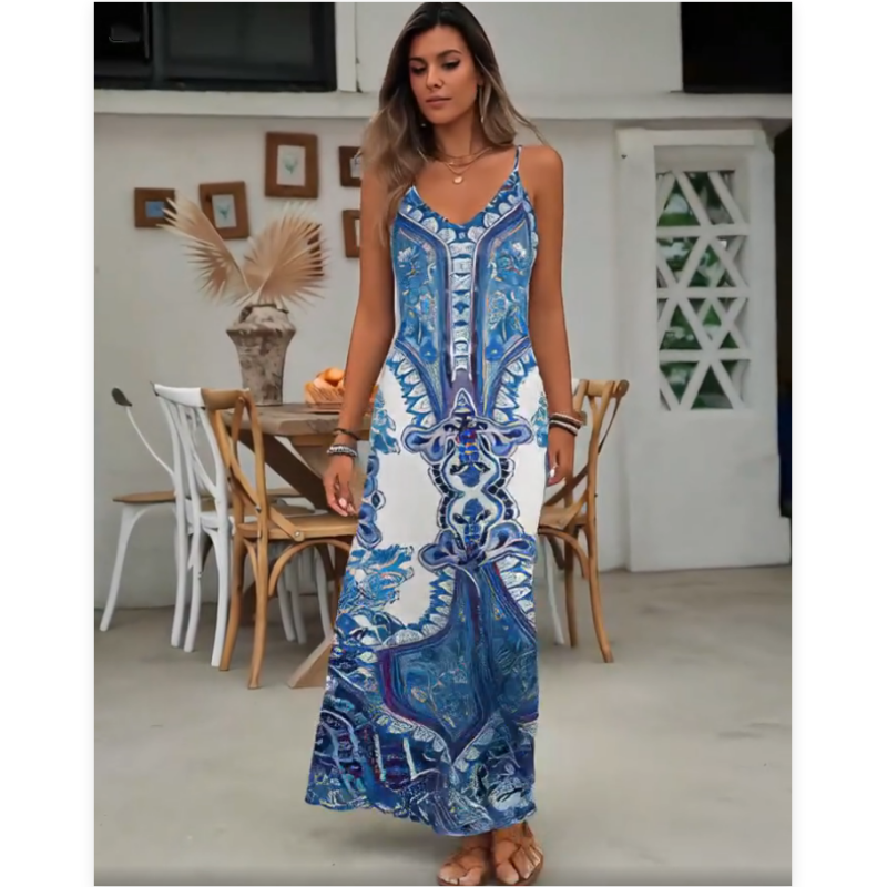 🎁Robe longue sans manches à col en V et imprimé rétro pour femme🎁Achetez 2 livraison gratuite