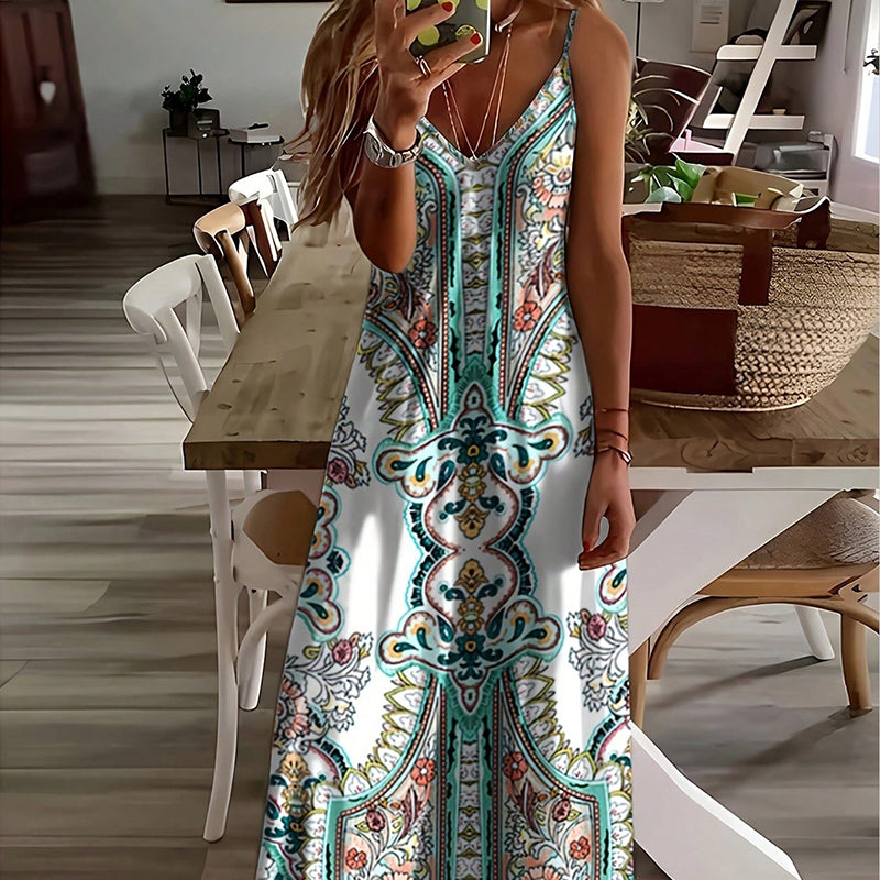 🎁Robe longue sans manches à col en V et imprimé rétro pour femme🎁Achetez 2 livraison gratuite