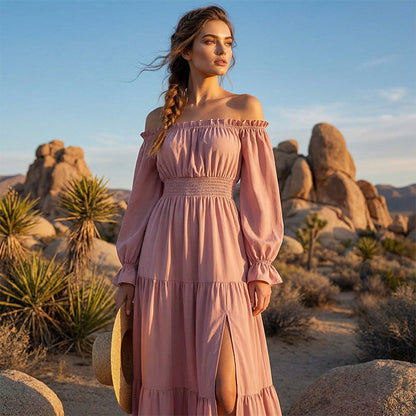 Robe femme à épaules dénudées et taille haute