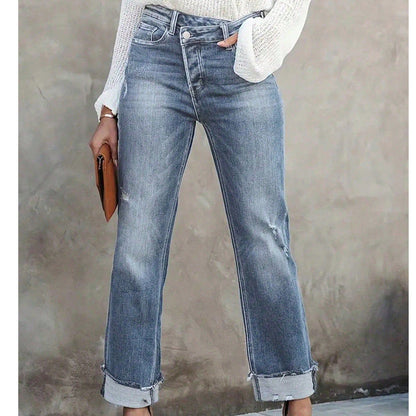 👖 💙 Jean Stretch Taille Haute Jambe Droite pour Femme – Confortable, Silhouette Allongeante & Look Classique pour Un Style Intemporel ✨