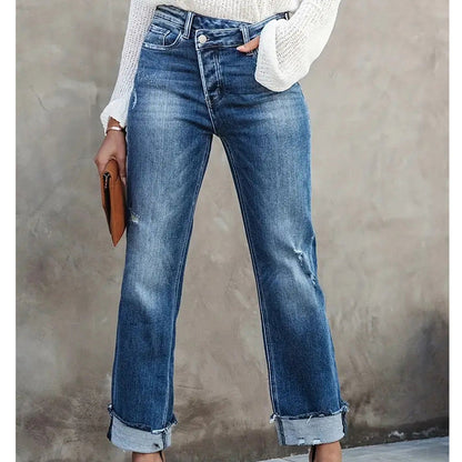 👖 💙 Jean Stretch Taille Haute Jambe Droite pour Femme – Confortable, Silhouette Allongeante & Look Classique pour Un Style Intemporel ✨