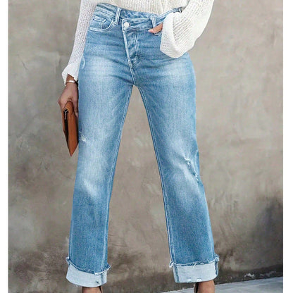 👖 💙 Jean Stretch Taille Haute Jambe Droite pour Femme – Confortable, Silhouette Allongeante & Look Classique pour Un Style Intemporel ✨