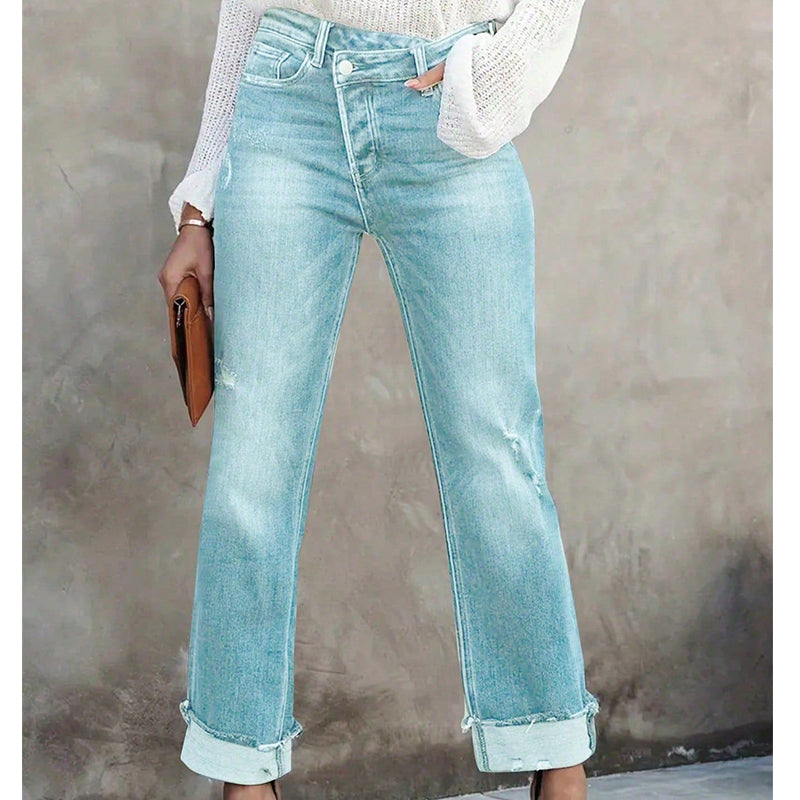 👖 💙 Jean Stretch Taille Haute Jambe Droite pour Femme – Confortable, Silhouette Allongeante & Look Classique pour Un Style Intemporel ✨
