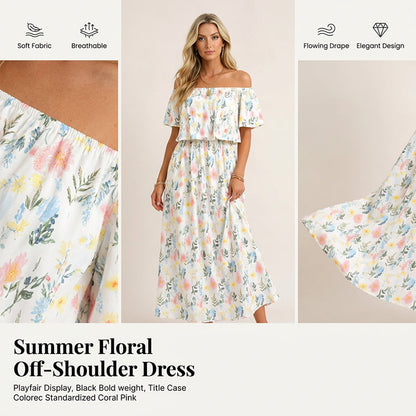 👗 57 % DE RÉDUCTION EN CE MOMENT ! 🌸 Robe longue à manches courtes et épaules dénudées – Imprimé floral, corsage à volants et poches dissimulées ✨