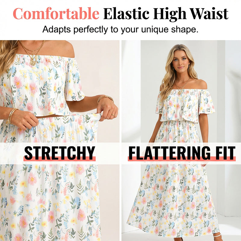 👗 57 % DE RÉDUCTION EN CE MOMENT ! 🌸 Robe longue à manches courtes et épaules dénudées – Imprimé floral, corsage à volants et poches dissimulées ✨