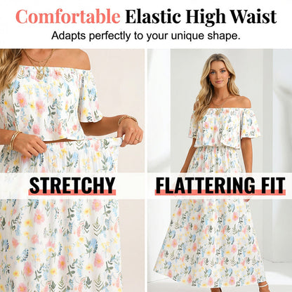 👗 57 % DE RÉDUCTION EN CE MOMENT ! 🌸 Robe longue à manches courtes et épaules dénudées – Imprimé floral, corsage à volants et poches dissimulées ✨