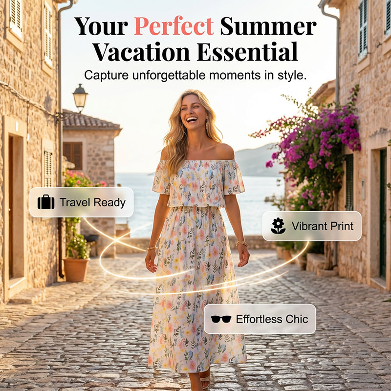👗 57 % DE RÉDUCTION EN CE MOMENT ! 🌸 Robe longue à manches courtes et épaules dénudées – Imprimé floral, corsage à volants et poches dissimulées ✨