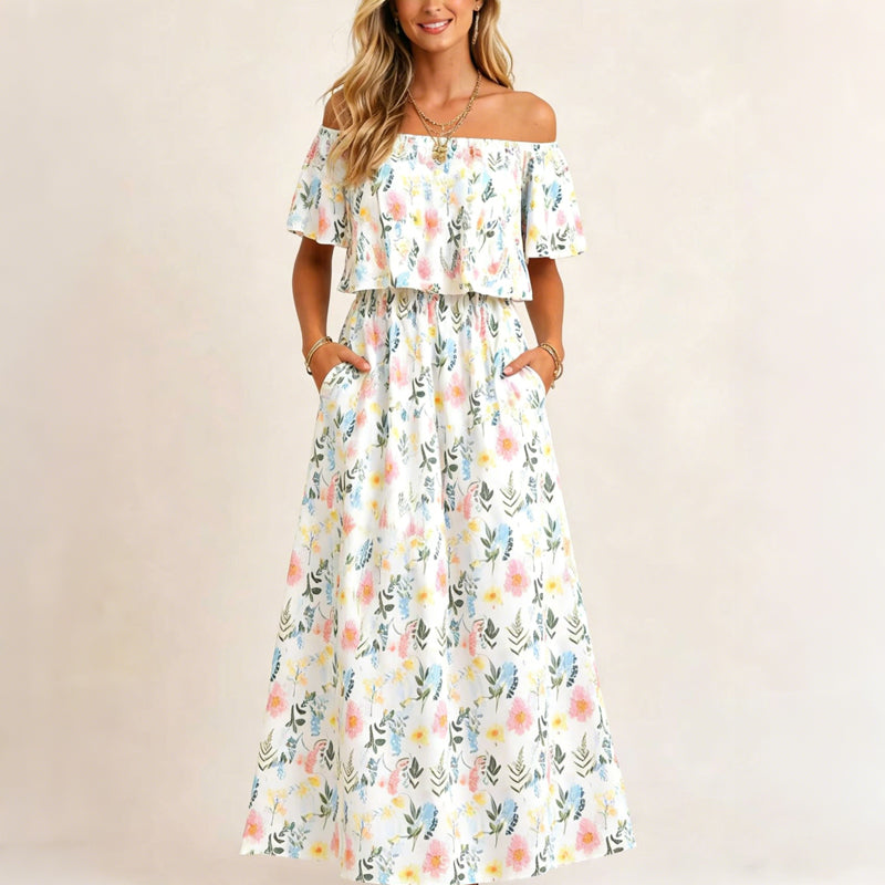 👗 57 % DE RÉDUCTION EN CE MOMENT ! 🌸 Robe longue à manches courtes et épaules dénudées – Imprimé floral, corsage à volants et poches dissimulées ✨
