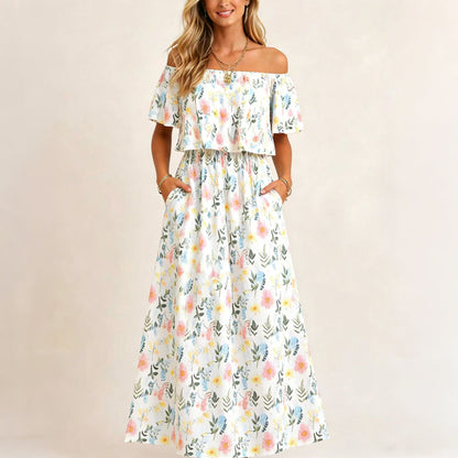 👗 57 % DE RÉDUCTION EN CE MOMENT ! 🌸 Robe longue à manches courtes et épaules dénudées – Imprimé floral, corsage à volants et poches dissimulées ✨