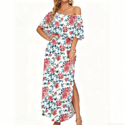 👗 57 % DE RÉDUCTION EN CE MOMENT ! 🌸 Robe longue à manches courtes et épaules dénudées – Imprimé floral, corsage à volants et poches dissimulées ✨