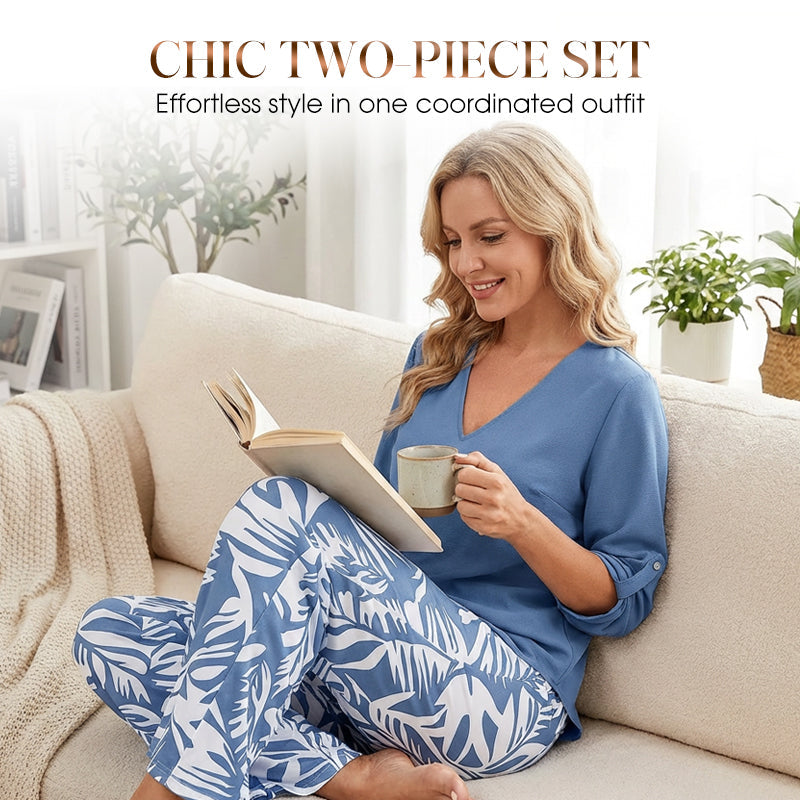 👔🌸 PROMO -50% ! Ensemble Femme Chemisier V & Pantalon Large Imprimé Feuilles – 2 Pièces, Tissu Léger (6 Couleurs, S-3XL)