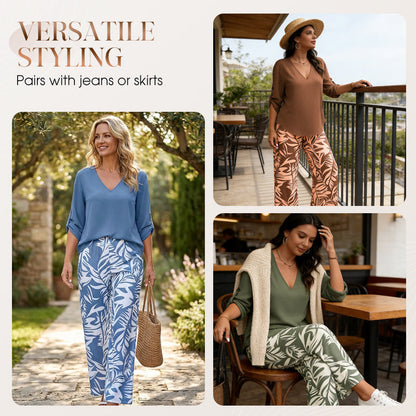 👔🌸 PROMO -50% ! Ensemble Femme Chemisier V & Pantalon Large Imprimé Feuilles – 2 Pièces, Tissu Léger (6 Couleurs, S-3XL)