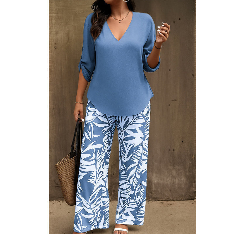 👔🌸 PROMO -50% ! Ensemble Femme Chemisier V & Pantalon Large Imprimé Feuilles – 2 Pièces, Tissu Léger (6 Couleurs, S-3XL)